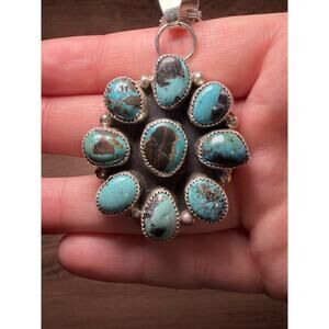 Navajo Sterling & Kingman and Morenci Turquoise Cluster Necklace Signed/Stamped